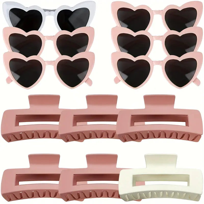 6 Matte Square Hair Clips and 6 Love Heart Shaped Glasses,