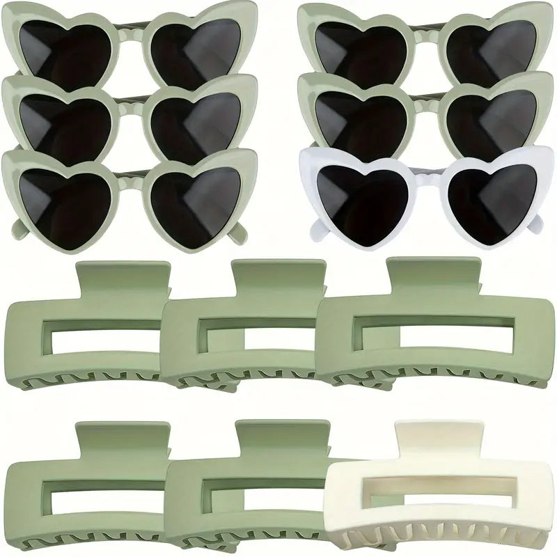 6 Matte Square Hair Clips and 6 Love Heart Shaped Glasses,