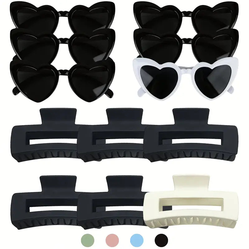 6 Matte Square Hair Clips and 6 Love Heart Shaped Glasses,